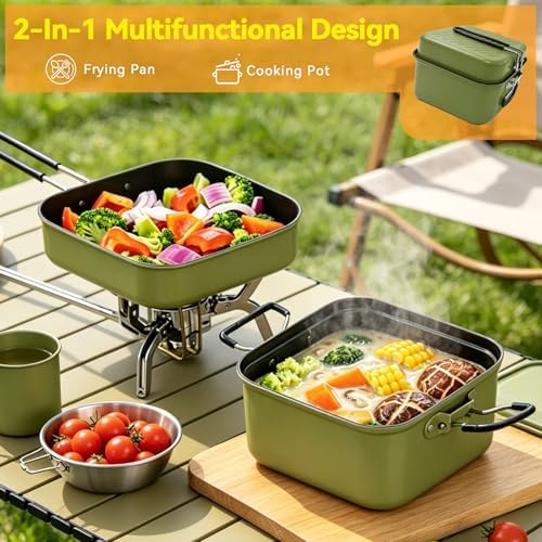 2 Burner Camping Stove with 2-In-1 Cookware Set, 24000 BTU Propane Gas Stove, Foldable Camp Stove with Frying Pan, Pot, Windshield & Carry Bag, Camping Essentials for Picnic, RV, Camp kitchen, Green - Image 6