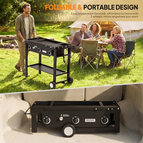 ROVSUN 3 Burner Outdoor Propane Gas Stove with Foldable Work Station, Auto-ignition & Regulator, 225,000 BTU Powerful Camping Burner with Portable Wheels for Backyard Patio Cooking Brewing Frying - Image 4