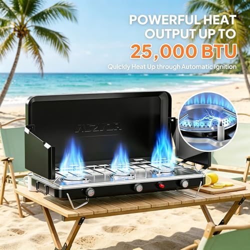 ROVSUN 25000 BTU Propane Camping Stove with Igniter, 3 Burner Portable Camp Stove with Adapter, Built-in Handle & Foldable Wind Panel for Outdoor Camping, Tailgating, Grilling - Image 3