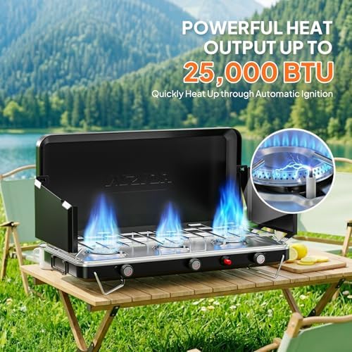 ROVSUN 3 Burner Portable Camping Stove with Igniter, 30000 BTU Propane Camp Stove with Adapter, Built-in Handle & Foldable Wind Panel for Outdoor Camping, Tailgating, Grilling - Image 2