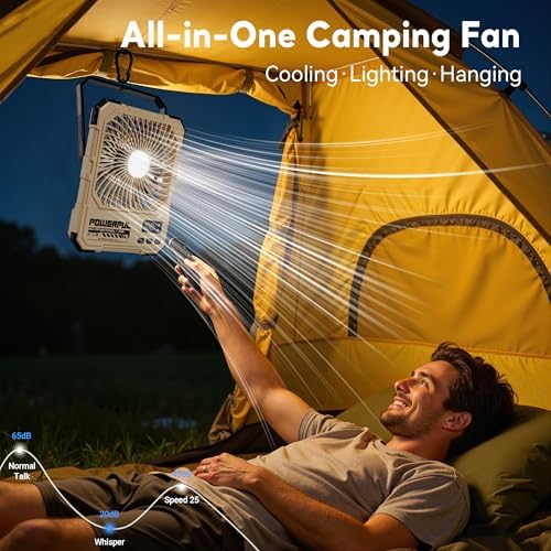 Portable Fan, Camping Fan, 20000mAh 6-Inch 18-85H Rechargeable Ultra Thin Foldable with Built-in Power Bank, LED Light, Remote Control, Hook for Outdoor Camping Tent RV Travel (Khaki) - Image 2
