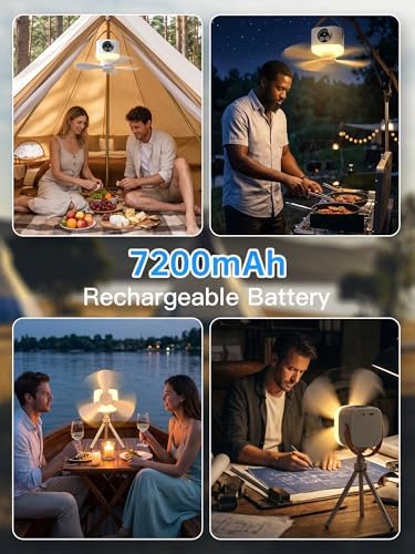 Portable Camping Ceiling Fan with Light and Remote, 9.25" Wireless 7200mAh Rechargeable Tent Fan, 4 Speeds, 3 Brightness, Timer, Battery Powered Hanging Fan for Tent, RV, Canopy, Gazebo - Image 6