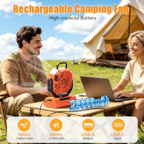 Camping Fan Rechargeable - 20000mAh Cordless Battery Powered Portable Fan with LED Lantern, Remote Auto Oscillating Wireless Fan USB Rechargeable Tent Fan for Travel Outdoor Cooling Car Home (Orange) - Image 2
