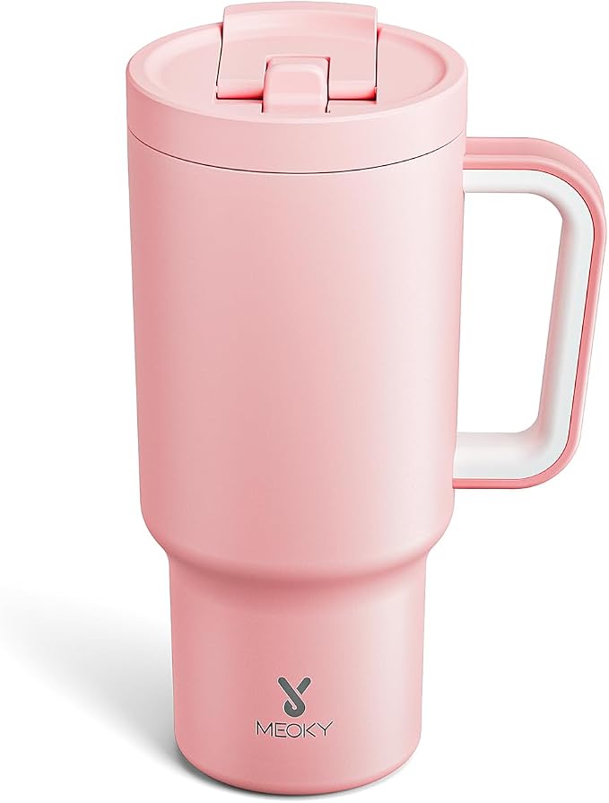 Meoky 32 oz Tumbler with Handle and Flip Straw, 100% Leakproof Tumbler with Lid and Straw, Stainless Steel Insulated Cup, Cupholder Friendly, Keeps Cold for 24 Hours (Blush) by MEOKY