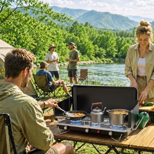 ROVSUN 25000 BTU Propane Camping Stove with Igniter, 3 Burner Portable Camp Stove with Adapter, Built-in Handle & Foldable Wind Panel for Outdoor Camping, Tailgating, Grilling - Image 7