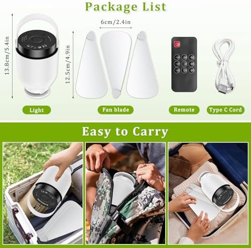 Rechargeable Camping Fan with LED Lantern, 2 in 1 Portable Small Ceiling Fan with Light for Outdoor Tent Gazebo Patio RV, USB C Battery Powered White Fan with Remote, Detachable 3 Blade Hanging Fan - Image 2
