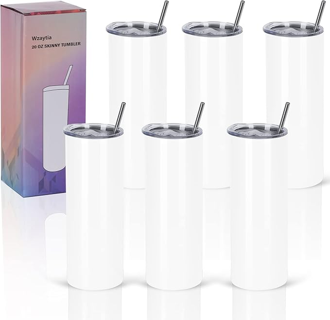 6 Pack 20 Oz Straight Skinny Tumblers,Individually Gift Boxed Stainless Steel Slim Skinny Tumbler Set Bulk, 20 Oz Insulated Slim Thin Travel Tumbler Cup for Diy, White by Wzaytia