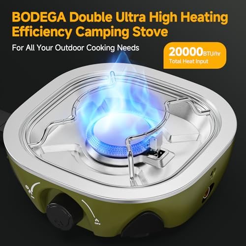 BODEGA 2 Burner Camping Stove,20000 BTU Foldable Propane Camp Stove with Pressure Adjustable Burners,Wind-Resistant Dual Gas Stoves with Portable Handle&Bag&GrillPan for Camping,BBQ,RV,Tailgating - Image 3