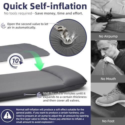 INVOKER Camping Sleeping Pad, Self-Inflating, 75 x 24 x 3.15 in, Grey - Image 2