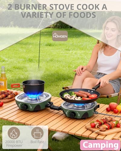 HOMGEN Portable Dual Burner Propane Stove - 20,000 BTU Foldable Camping Stove with Piezo Ignition- Portable 2 Burner for Camping/Hiking/Picnic/RV Travel Trip-Includes Storage Bag & Hose (Green) - Image 5