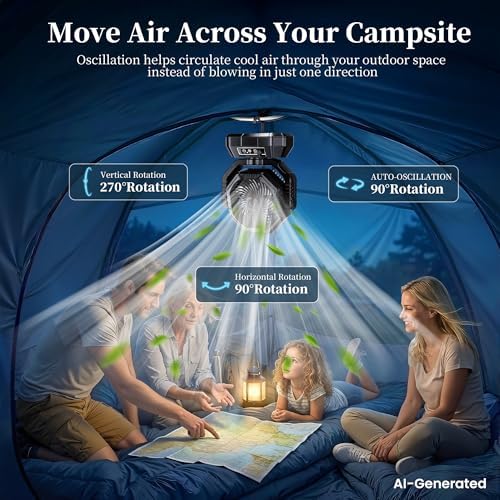 MKG Camping Fan Rechargeable, Oscillating Battery Powered Hanging Tent Fan with Light and Remote, Portable for Camp, Outdoor, Emergency Power Outage, Fishing, RV Travel (Black) - Image 4