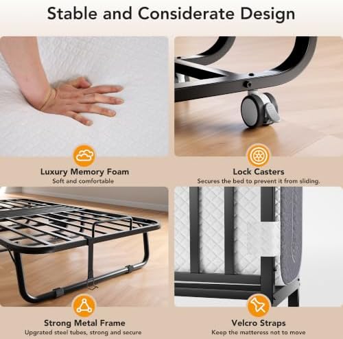 Decofy Folding Bed, Portable Foldable Bed with Movable Wheels, 75" x 31" - Image 6