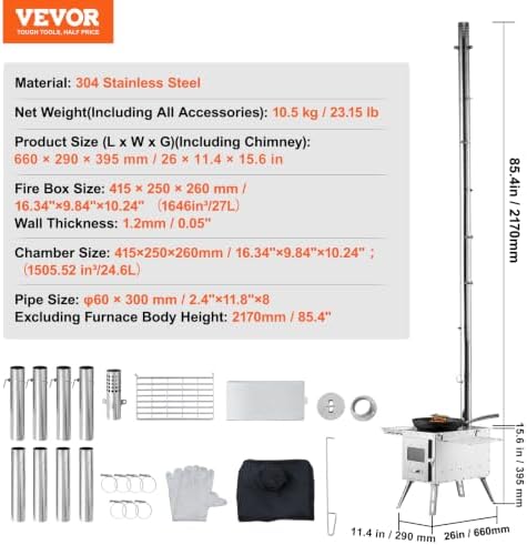 VEVOR Camping Wood Stove Stainless Steel Camping Tent Stove, Portable Wood Burning Stove with Chimney Pipes & Gloves, 1646in³Firebox Hot Tent Stove for Outdoor Cooking and Heating with 8 Pipes - Image 7
