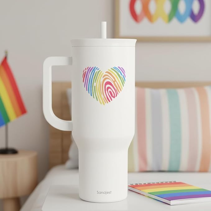 SANDJEST LGBT 40oz Tumbler with Handle and Straw, Insulated Stainless Steel Travel Coffee Mug for Gay Lesbian Adults Friends, Gift Idea for Birthday Christmas Pride Month (Heart Fingerprints) - Image 7