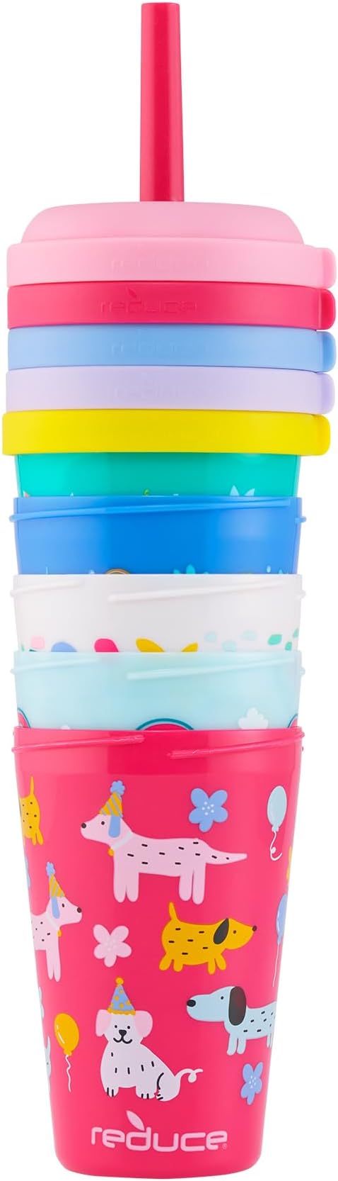 REDUCE GoGo's Kids Portable Tumbler Cups with Lids and Spill-Proof Straws - 5 Pack of Stackable 12 oz Tumblers with Twist-On Lids - Easy Storage, Dishwasher Safe - Serendipity Set - Image 4