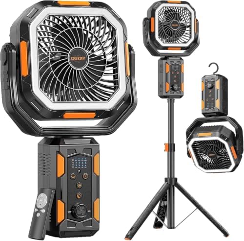 OGERY Camping Fan, Portable Fan with Adjustable Height Stand, 20000mAh Rechargeable Battery Powered Fan with Remote, LED Light, Auto Oscillation, Fast Charging, Floor or Desk Fan for Tent, RV, Travel by OGERY