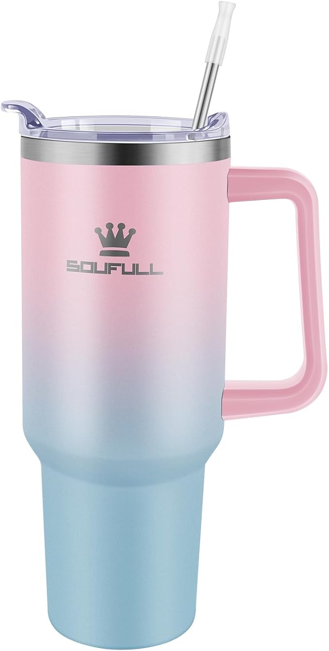 40 oz Tumbler with Handle and Straw Lid, 100% Leak-proof Travel Coffee Mug, Stainless Steel Insulated Cup For Beverages, Keeps Cold for 34Hrs or Hot for 10Hrs, Dishwasher Safe (PinkBlue) - Image 2