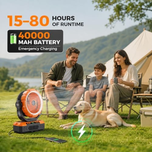 11-Inch Rechargeable Camping Fan【Auto-Oscillating & Remote】40000mAh Portable Battery Powered Operated Fan,Light,Timer,Hook,Outdoor Tent Fans for Patios,Beach,Fishing,Emergency,Camping Gear Essentials - Image 3