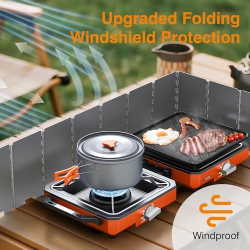 ODSD 2 Burner Camping Stove with Windshield, 20000 BTU Propane Camp Stove, Portable Folding Gas Stove, Camping Essentials Gears Includes Frying Pan, Coffee Stand & Carry Bag (Orange) - Image 2