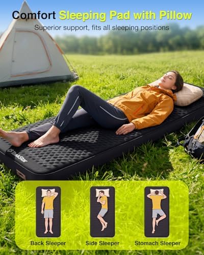 TaskStar 4" Self Inflating Sleeping Pad for Camping with Pillow, Electric Foam & Air Camping Sleeping Pad, 9.5 R-Value, 4 Season Air Mattress for Camping Essentials Gear for Tent Travel Car Cot - Image 4