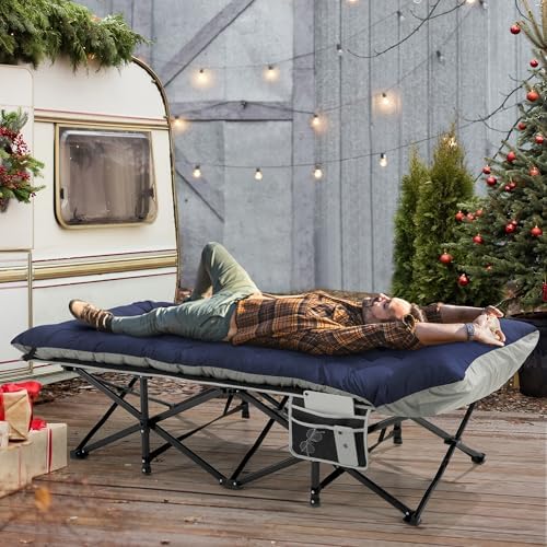 Fragess Portable Camping Cot, 32" Extra Wide Camping Cots for Everyone with Thick Cushion, Heavy Duty Sleeping Cot Holds Up to 600LBS, Cots for Sleeping, Rv, Beach, Patio, Office Naps(Blue) - Image 2
