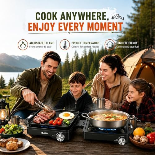 ARTFLAMM 29000 BTU 2 Burner Camping Stove with Windshield, Propane Camp Stove, Portable Folding Gas Stove, Camping Essentials Gear Includes Frying Pan, Coffee Stand & Carry Bag fathersdaygift - Image 2