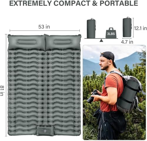 Yuzonc Double Camping Sleeping Pad – 4" Ultra-Thick Foot-Pump Design, Lightweight 2-Person Inflatable Sleeping Mat with Pillow for Backpacking, Hiking, Travel, Tent – Gray - Image 2