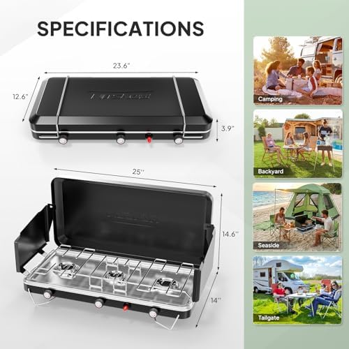 ROVSUN 3 Burner Portable Camping Stove with Igniter, 30000 BTU Propane Camp Stove with Adapter, Built-in Handle & Foldable Wind Panel for Outdoor Camping, Tailgating, Grilling - Image 6