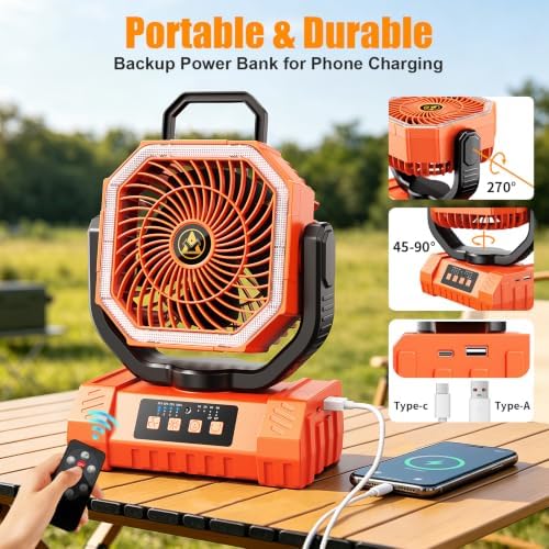 Camping Fan Rechargeable - 20000mAh Cordless Battery Powered Portable Fan with LED Lantern, Remote Auto Oscillating Wireless Fan USB Rechargeable Tent Fan for Travel Outdoor Cooling Car Home (Orange) - Image 3