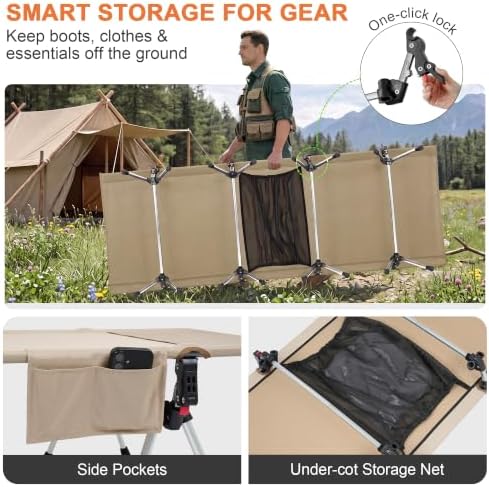 87" Extra Long Camping Cot, Heavy-Duty Aluminum Frame 440lbs, Khaki - Image 4