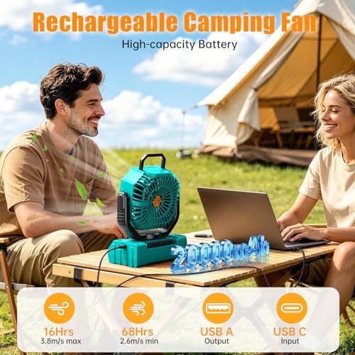 Camping Fan Rechargeable - 20000mAh Portable Cordless Battery Powered Fans with LED Lantern, Remote Auto Oscillating Table Fan Battery Operated Tent Fan for Travel Outdoor Fishing Bedroom Home (Blue) - Image 2