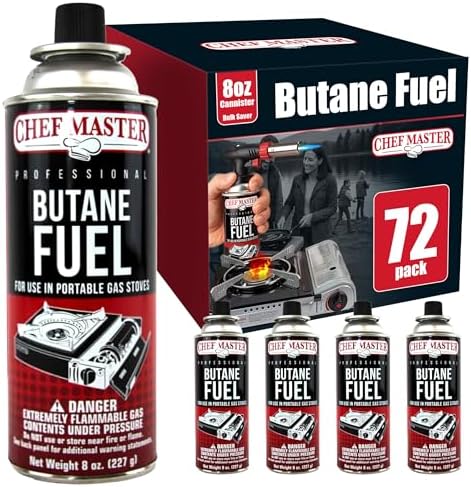 Chef Master Butane Fuel Canister, Camping Stove, Torch Refill, 8oz, 72-Pack by ChefMasterProfessional