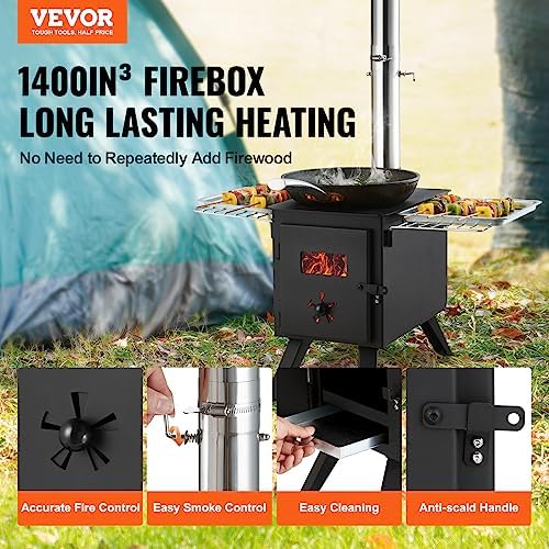 VEVOR Camping Wood Stove Alloy Steel Camping Tent Stove, Portable Wood Burning Stove with Chimney Pipes & Gloves, 1400in³Firebox Hot Tent Stove for Outdoor Cooking and Heating with 8 Pipes - Image 2