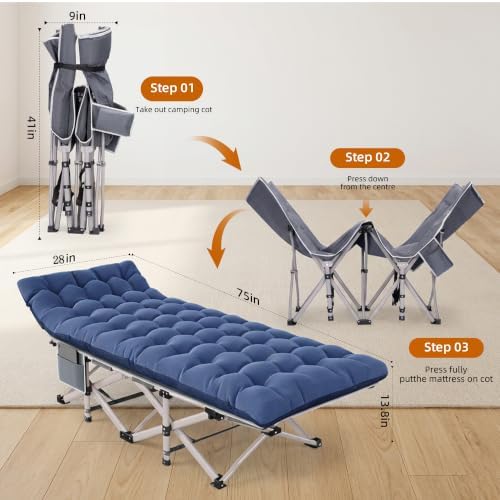 Camping Cot for Adults 2 Pack, 800 LBS Heavy Duty 75"x28" Folding Cot Bed with 2" Thick Detachable Pads & 1200D Oxford, Sleeping Cots for Family & Guests - 10-Second Setup - Image 5