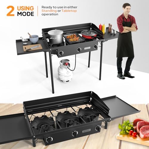 ROVSUN 3 Burner Propane Gas Stove with Side Shelf & Carrying Bag, 225,000BTU Outdoor Burner with Wind Panel & CSA Listed Regulator, Picnic Cooker for Home Patio Cooking Camping Brewing Turkey Frying - Image 5