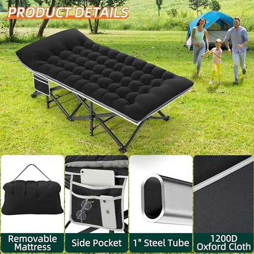 Fragess Portable Camping Cot, 32" Extra Wide Camping Cots for Adults with Thick Mattress, Heavy Duty Sleeping Cot Holds Up to 600LBS, Cots for Sleeping, Rv, Beach, Patio, Office Naps(Black) - Image 5