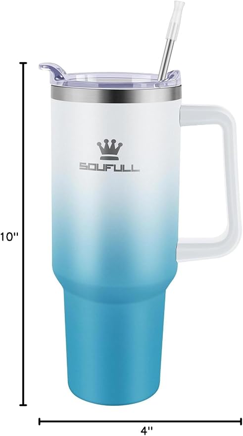 40 oz Tumbler with Handle and Straw Lid, 100% Leak-proof Travel Coffee Mug, Stainless Steel Insulated Cup for Beverages, Keeps Cold for 34Hrs or Hot for 10Hrs, Dishwasher Safe (WhiteBlue) - Image 9