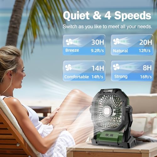Camping Fan Rechargeable, 20000mAh Battery Powered Portable Fan with LED Light, 4-Speed 180° Adjustable, Camping Essentials for Tent, Travel, Car, Outdoor, Indoor, BBQ, Fishing, Jobsite - Green - Image 3
