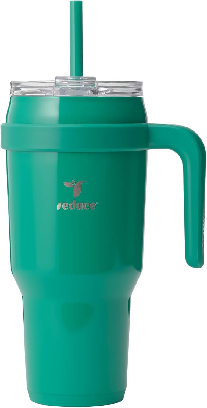 REDUCE 40 oz Stainless Steel Tumbler with Handle - Dual-Wall Vacuum Insulated Travel Mug, Sweat-Proof Lid & Reusable Straw - Keeps Drinks Cold for 24 Hrs, Fits Cupholders, Dishwasher Safe - Palm Leaf by Reduce