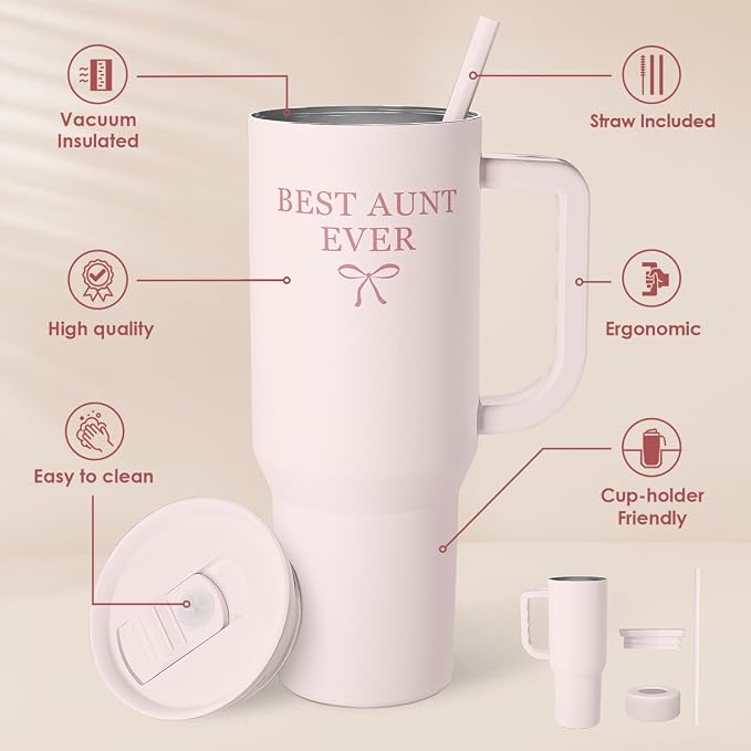 SANDJEST Gift for Aunt - Best Aunt Stainless Steel Tumbler with Handle, Travel Coffee Mug for Moms - Aunts Gifts for Birthday Christmas Mothers Day, 40oz - Image 2