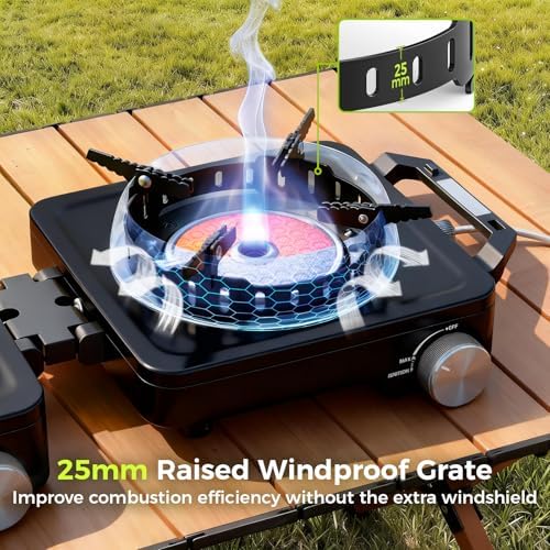 MoKo Propane Camping Stove 2 Burner, 36,000 BTU Infrared & Open Flame Hybrid, Windproof Folding Portable Outdoor Gas Cooking Kit with Frying Pan & Carry Bag For RV, Tailgating, Survival, Black - Image 4