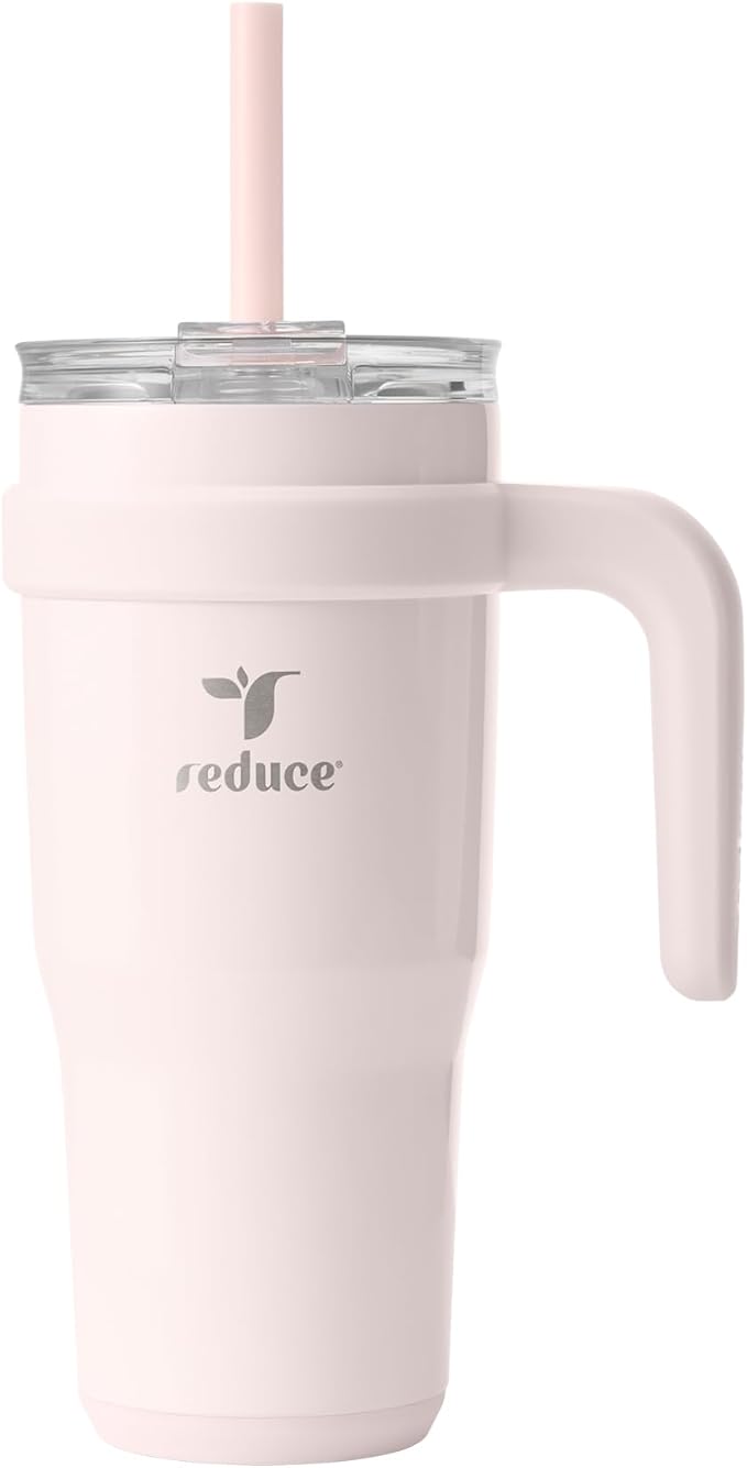 REDUCE 24 oz Stainless Steel Tumbler with Handle - Dual-Wall Vacuum Insulated Travel Mug, Sweat-Proof Lid & Reusable Straw - Keeps Drinks Cold for 24 Hrs, Fits Cupholders, Dishwasher Safe-Pink Cotton by Reduce