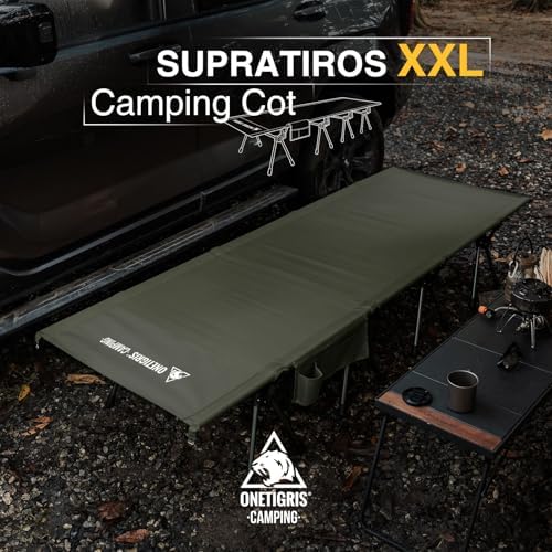 ONETIGRIS SUPRATIROS Extra Large Camping Cot, Height Adjustable Oversized Sleeping Cot with Extending Legs for Camping, Car Trips, Truck, Beach, Office Nap, Sturdy Supports Up to 400lbs (Ranger Green) - Image 2
