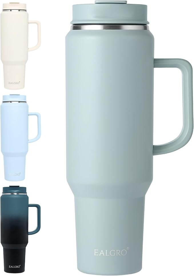 EALGRO 50 oz Tumbler with Handle, Insulated Tumblers with Lid and Straw, Large Metal Sports Water Bottle Jug, Thermal Stainless Steel Travel Coffee Mug Cup, Sage Green by EALGRO