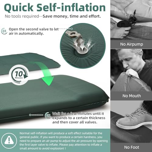 INVOKER Camping Sleeping Pad, Self-Inflating, 75 x 24 x 3.15 in, Green - Image 2