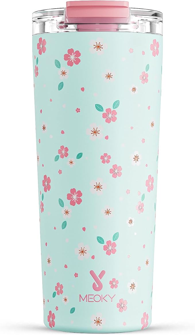 Meoky 24 oz Travel Coffee Mug with Leak-proof Lid, Stainless Steel Insulated Coffee Tumbler, Keeps Hot for 8 Hours or Cold for 24 Hours, Fits in Car Cup Holder (Mint Petal) by MEOKY