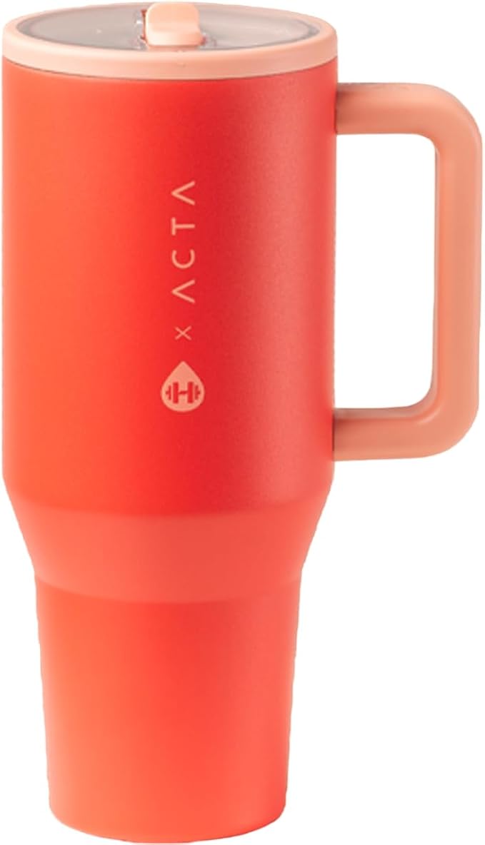 HydroJug Traveler - 40 oz Water Bottle with Handle & Flip Straw - Fits in Cup Holder, Leak Resistant Tumbler-Reusable Insulated Stainless Steel & Rubber Base - Gifts for Women & Men, Peach Pop by Hydrojug