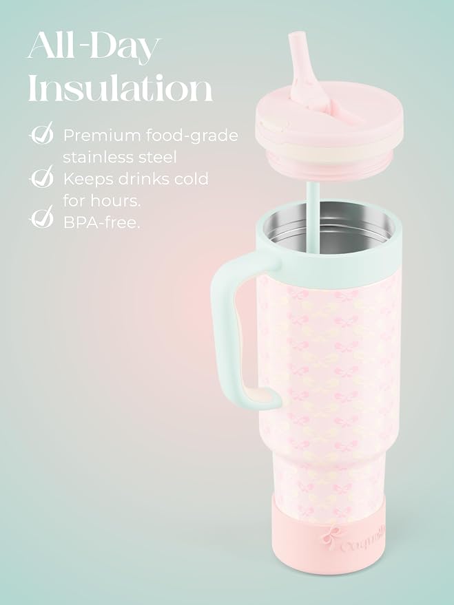 40 oz Insulated Tumbler with Handle and Push-Button Straw Lid, Stainless Steel Travel Cup for Gym Office, Leakproof, BPA-Free, Cup Holder Friendly, Bow Silicone Boot, Pink (Coquette Bloom) - Image 4