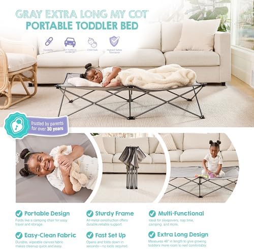 Regalo Extra Long My Cot® Portable Toddler Bed, Foldable Kids Travel Bed & Camping Cot for Ages 2–8, Indoor/Outdoor, Extra Large 54” x 28” x 12”, Supports up to 80 lbs, Gray - Image 5