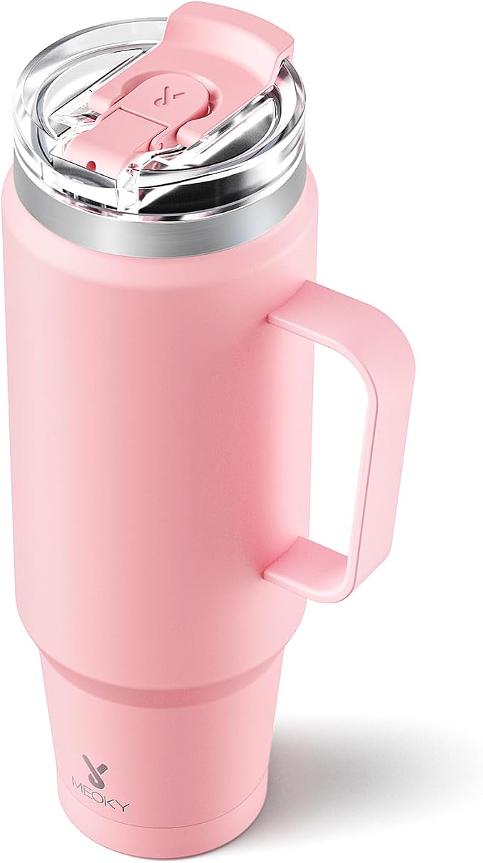 Meoky 40oz Tumbler with Handle, Stainless Steel Travel Mug with 2-in-1 Straw and Sip Lid, Vacuum Insulated Coffee Mug, 100% Leak Proof, Keeps Cold for 34 Hours or Hot for 10 Hours (Blush) by MEOKY